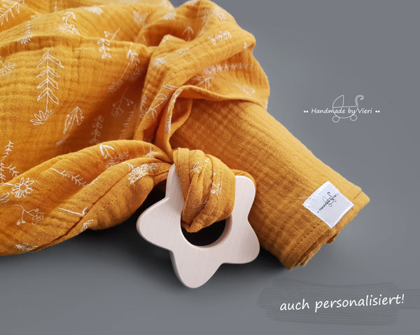 Personalisierte Musselin Schmusetücher mit Blümchen - 2er-Set Bio in senf