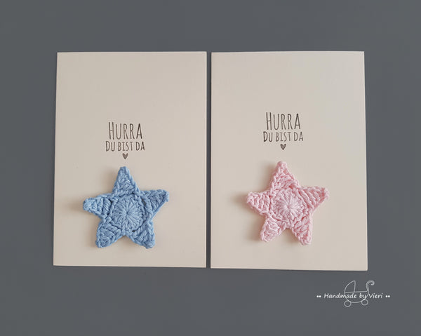 Handgemachte Geburtskarte - Hurra du bist da, Stern in hellrosa - handmadebyvieri