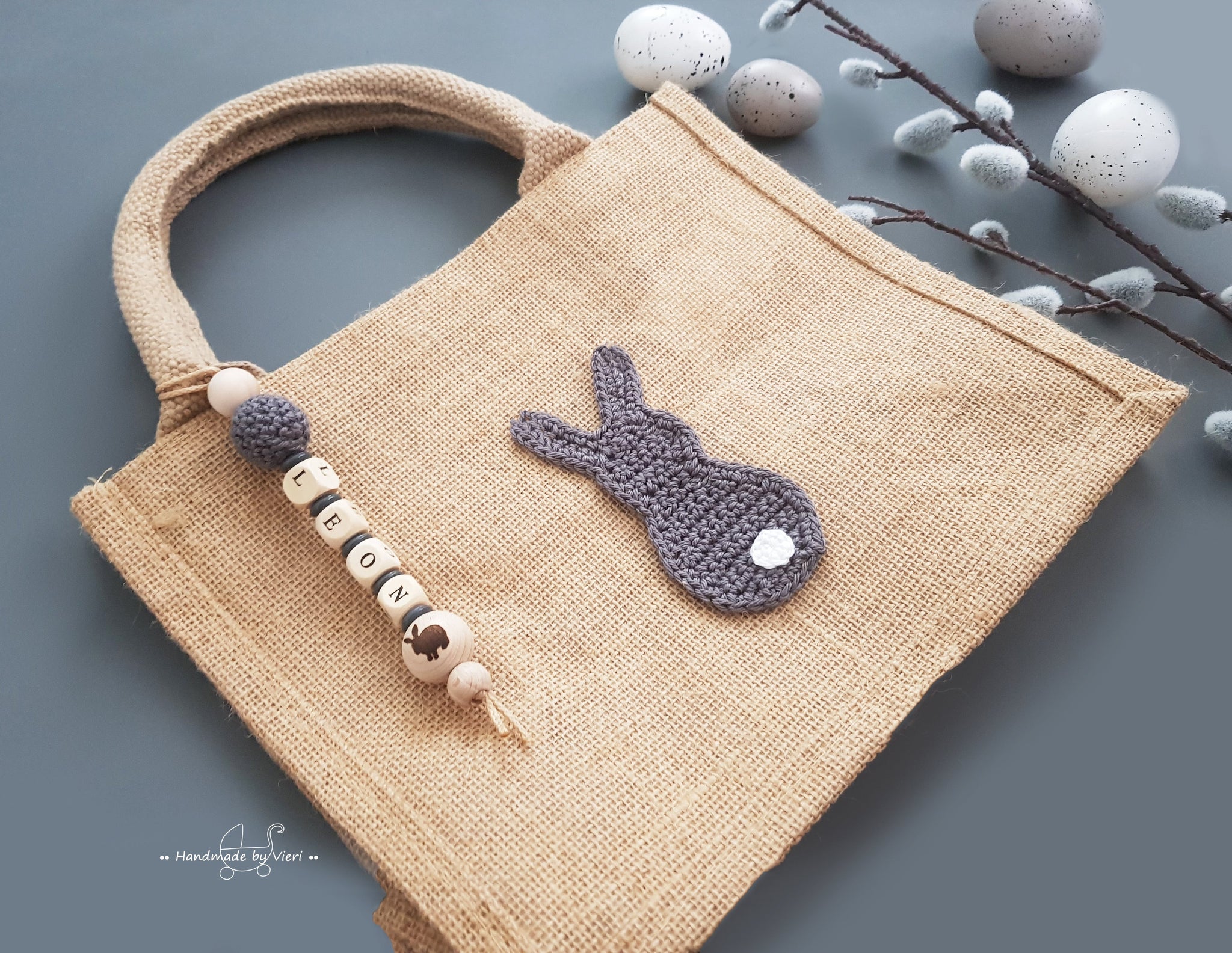 Personalisierte Tasche mit Osterhasen - grau