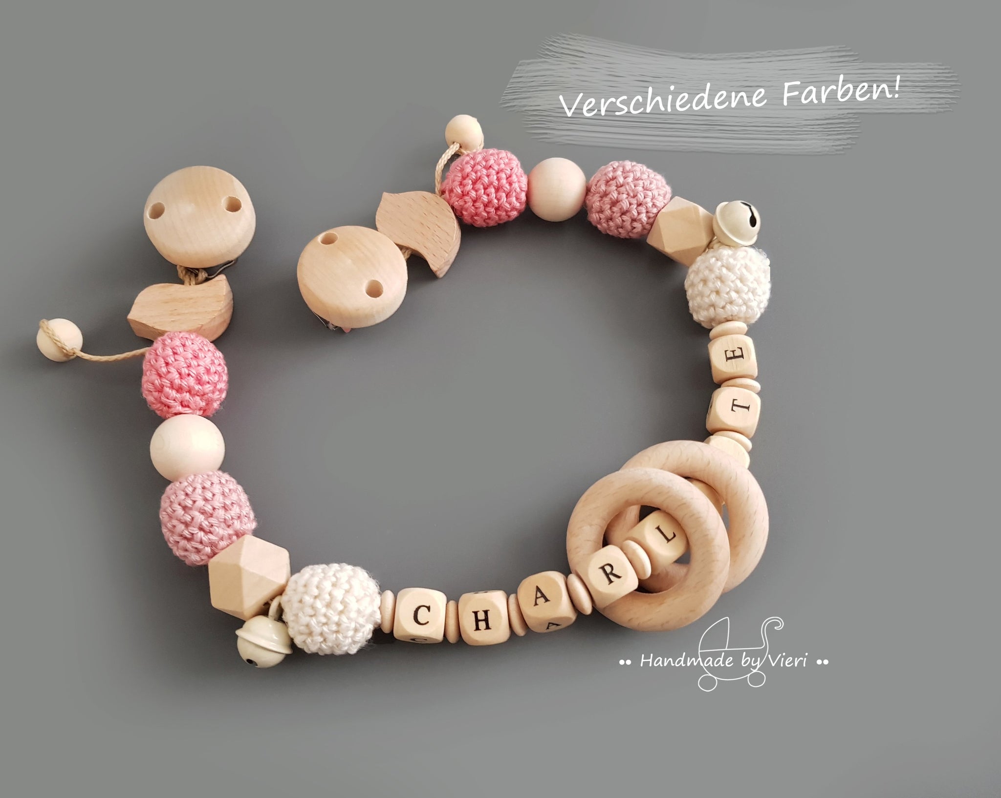 Kinderwagenkette mit Namen- Vögelchen, Holzringe, koralle/altrosa